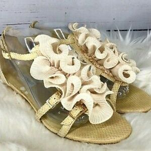 Kelsi Dagger Monaco snake print leather kitten heel chiffon ruffle sandals sz 8